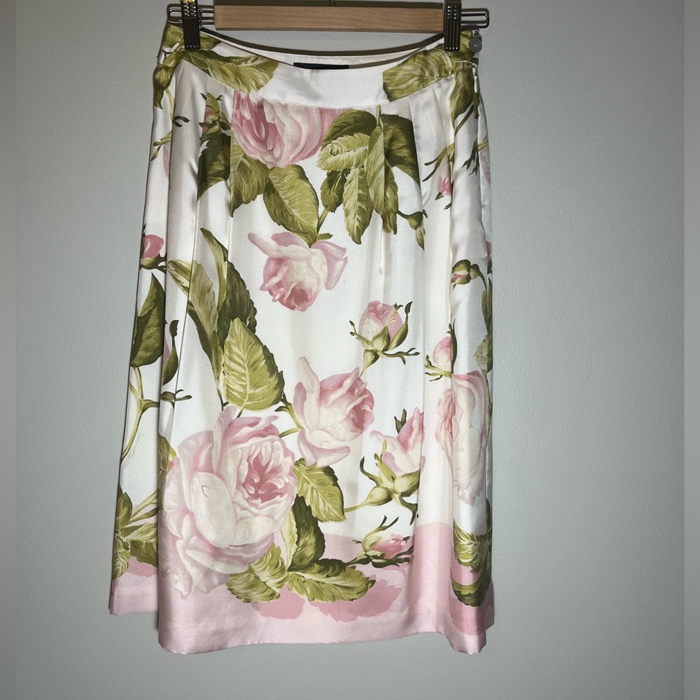 Brooks Brothers White Maxi Skirt with Pink Rose and Green Leaf Print